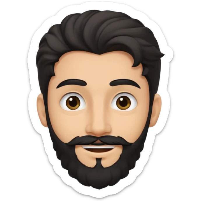 young fair skin Pakistani man smiling with black beard, wavy hair pushed back and squinted eyes and thick eyebrows sticker