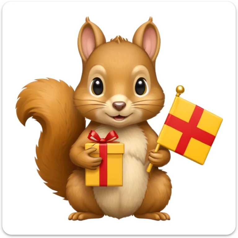 realistic squirrel holding a yellow gift box in one hand and a red Swiss flag in the other, both objects clearly visible, simple white background, the gift is a different color from the flag sticker