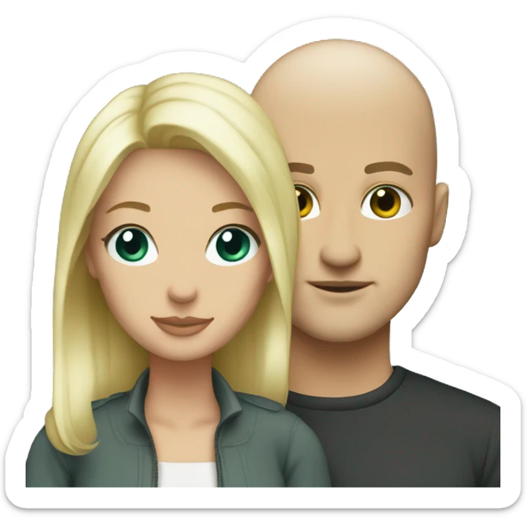 Couple. White. Male bald. 35. Teal eyes.  Woman blonde. 35. Teal eyes.  sticker