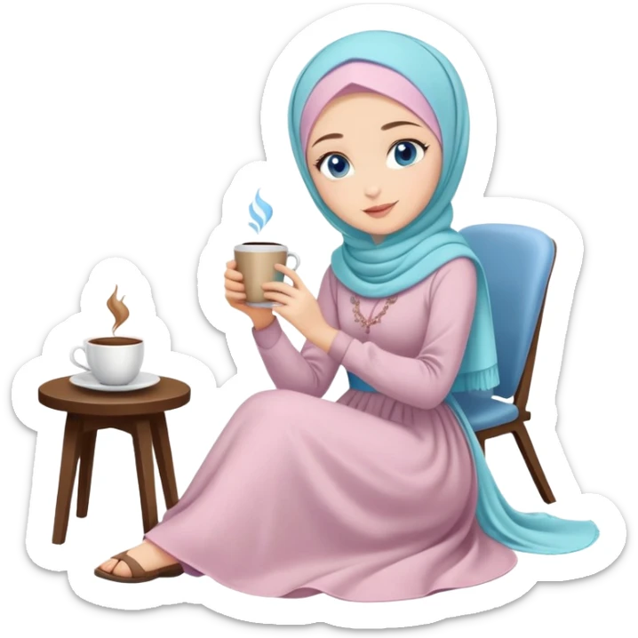 Turkish beautiful finish Konya girl blue eyes with pastel hijab long tail dress and sits on the chair on the ground and holds cup coffe with her hand  sticker