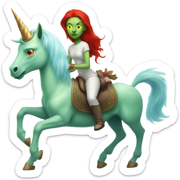 [politically incorrect
	{ woman: alien, color: light green, hair:red, eyes:cat} ]
	on a 
	[{ unicorn: white, legged:four, mane: light blue }] sticker