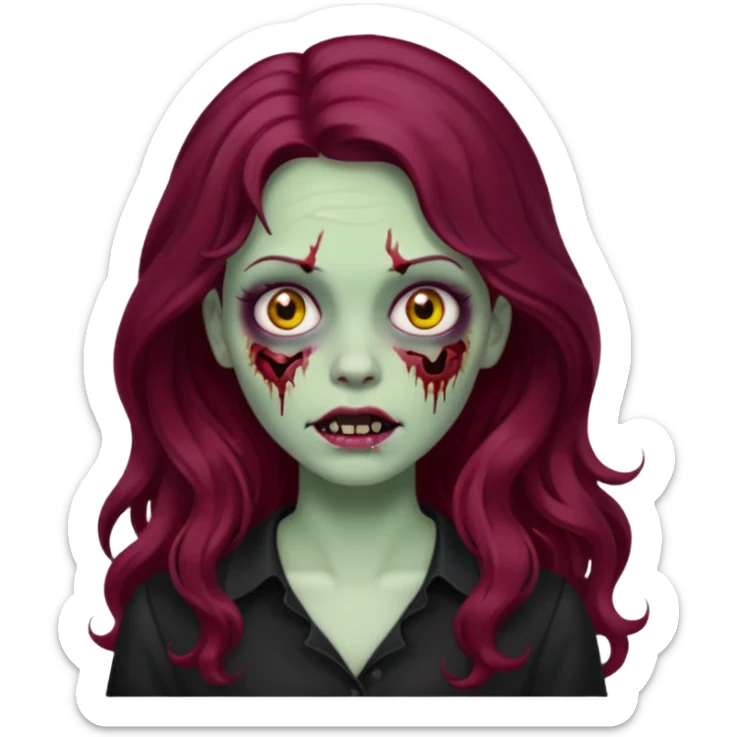 Faça me um emoji de um zumbi mulher de cabelos vermelho borgonha longos ondulado usando uma blusa preta, faça no estilo iphone sticker