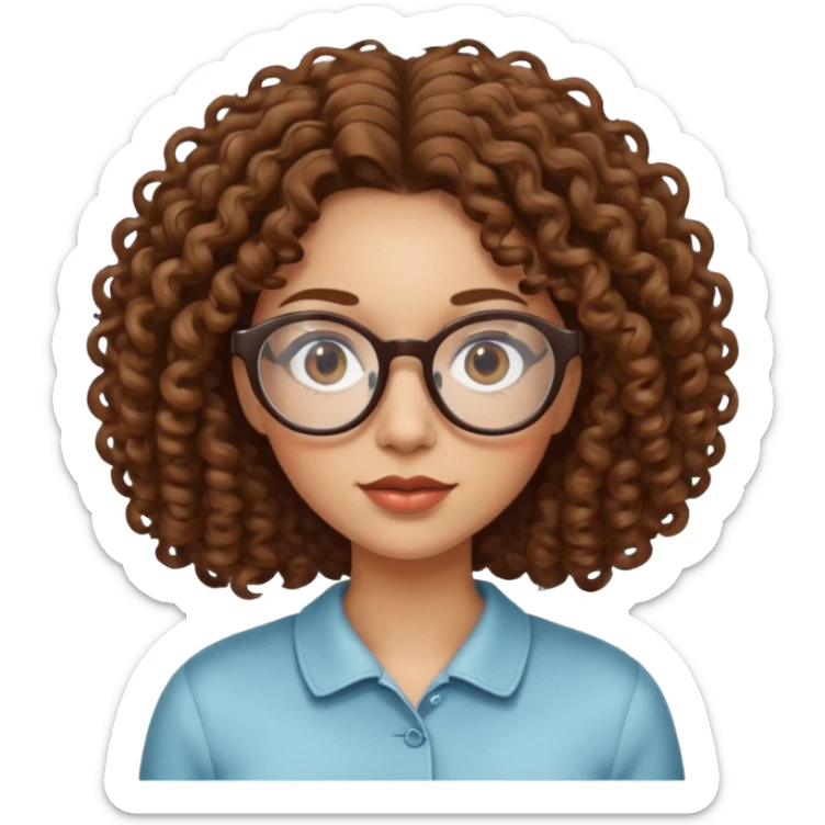 emoji of a woman with curly hair and glasses, fish eye lens effect sticker