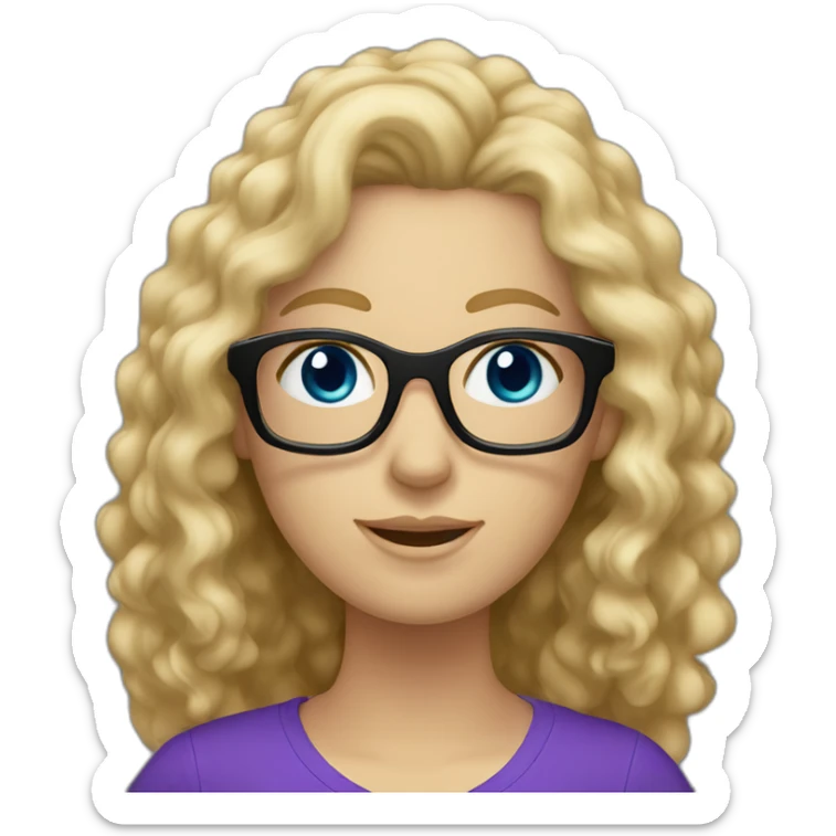 caucasian curly blonde long haired blue eyed woman with purple t-shirt and black glasses sticker
