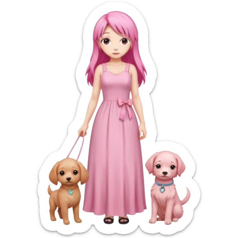 Pastel anime lady long hair pink long dress full body holding puppy sticker