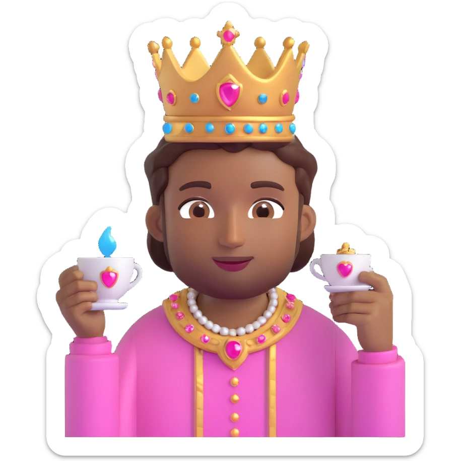 male emoji with brown skin, pink jeweled crown, holding a teacup and sipping tea, calm and content sticker