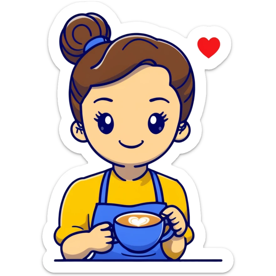 Cute brunette barista girl with hair in a bun wearing yellow shirt and dark blue apron, she's relaxed and making heart-shaped latte art, smiling at the coffee cup with a heart design in the foam sticker
