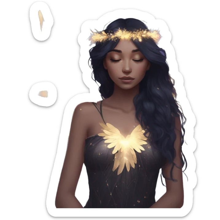 Black Raven wings bohemian girl Ethereal galaxy constellation girl angel raven wings black wings, gold arrow, nebula, flower crown, fairy lights, iridescent sticker