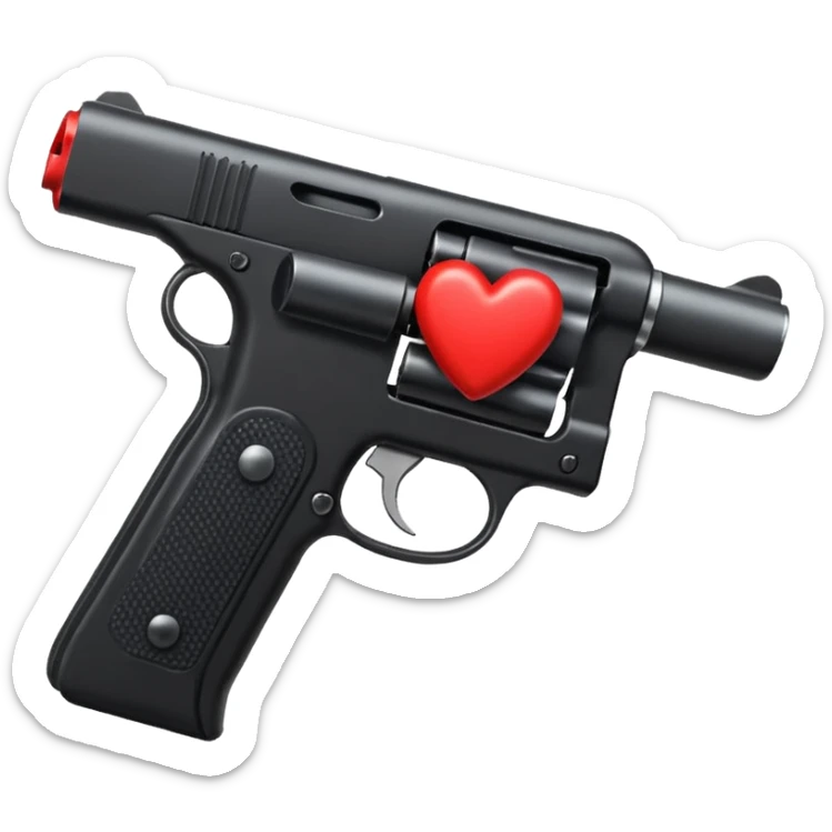 Black hand gun shooting a heart bullets out of the tip  sticker