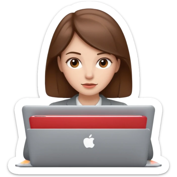 memoji of a brown hair white skin female with a grey laptop in front, apple-style, modern sticker