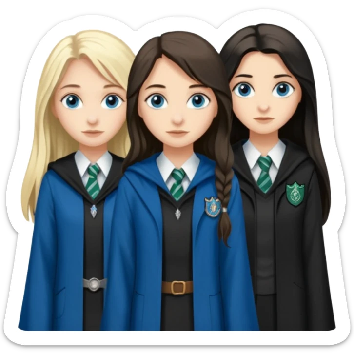 a pretty ravenclaw girl with long dark brown hair and blue eyes standing with a hot Slytherin girl with long blonde hair, blue eyes sticker