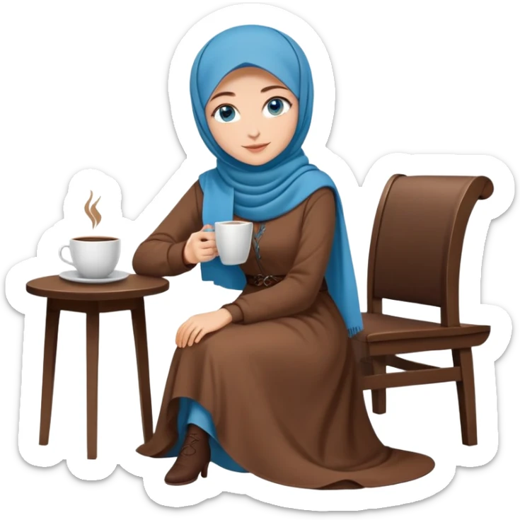 Turkish beautiful finish Konya girl blue eyes with brown hijab long tail dress and sits on the chair on the ground and holds cup coffe with her hand  sticker