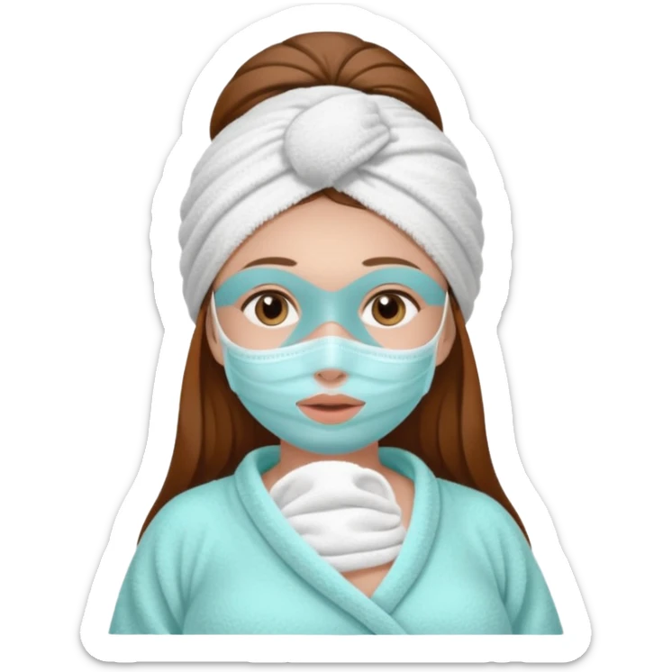 "Pregnant woman, with a towel on her head and a towel on her body, with face mask spa, with long brown hair and fair skin."
 sticker