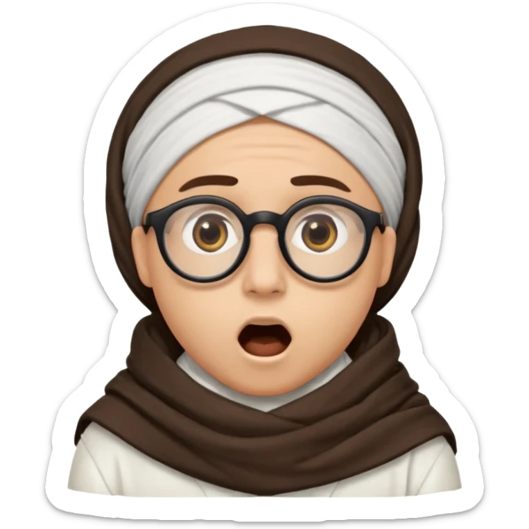 A person with light skin tone, wearing a traditional white shemagh with a BALCK AGAL, large brown eyes, round glasses, and an open mouth showing a surprised or shocked expression. sticker