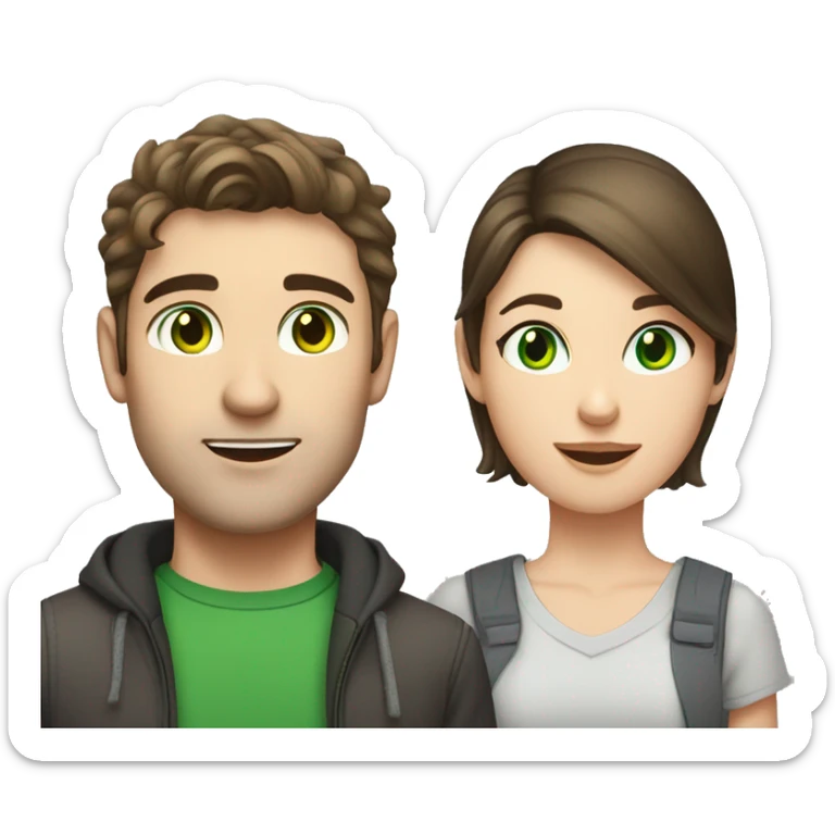 a brunette guy with fair skin and green eyes, next to him a brunette girl with fair skin and green eyes, and between them a gray tabby cat sticker