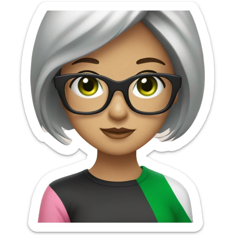 Italian girl, dark hair, green eyes, white blues, hair bang and big pink glasses square shaped sticker