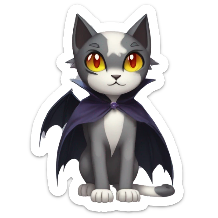   cool edgy beautiful anime-style ethereal dark-punk-themed animal vampiric cat-hybrid Fakemon with fangs and bat-wing-ears with a cape full body sticker
