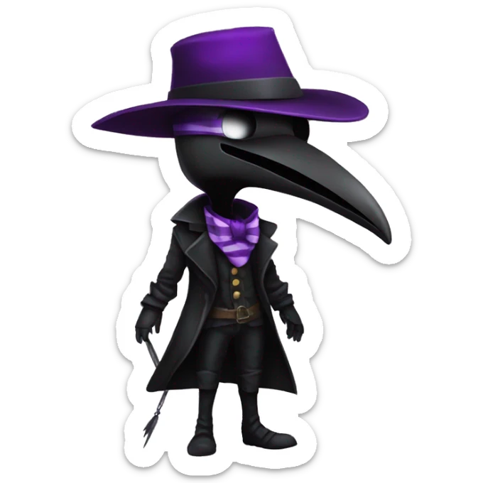 Plague doctor with bird shaped metal mask ,black fedora hat, purple striped vest, maroon shirt and Black gloves. sticker