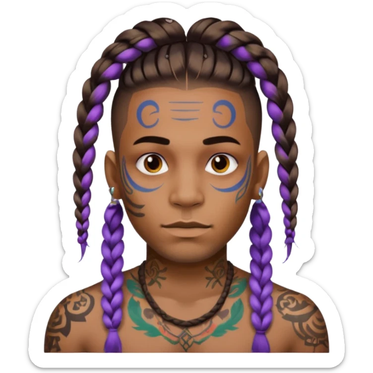 big lose braids starting from the top of the head man with mustache face wiith big visible braids and lots and lots of colored face tattoos colored tattoos like a tattoo artist hair unique color sticker