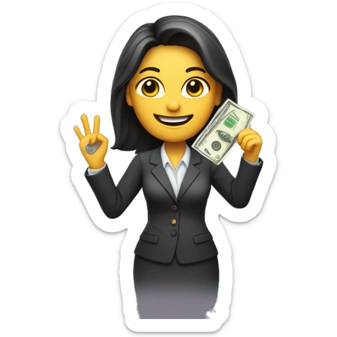 business woman with a piece of paper in the right hand and money in the left. Holding hands up and smiling. sticker