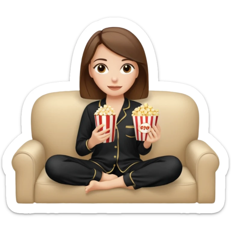 Stylish white woman with brown hair with makeup in black pyjama watching tv with popcorn on beige couch sticker