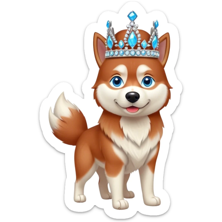 cute, disney-style red siberian husky with blue eyes wearing a bejeweled crown, full body view sticker