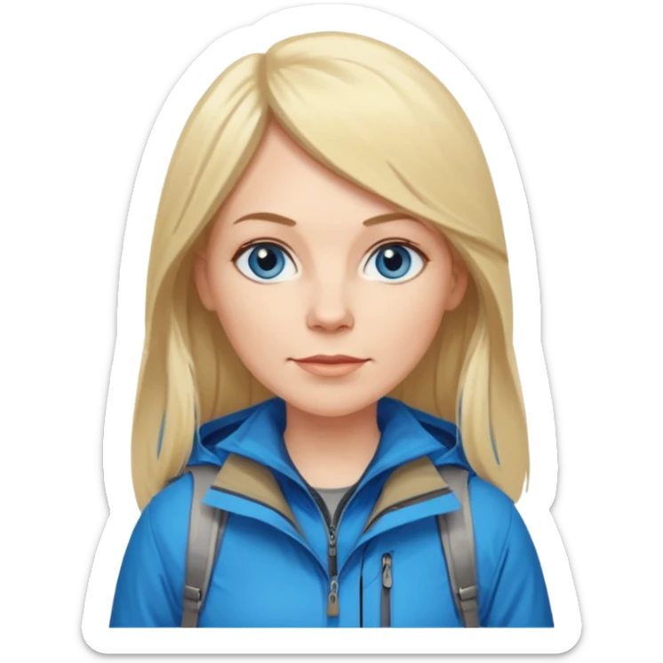 45 yr old white woman, pale skin, long straight blond hair parted in center, blue eyes, bangs, clothes for hike sticker