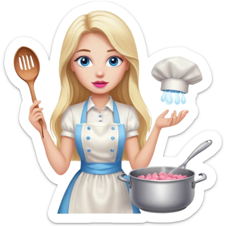 Cinematic realistic beautiful blonde with long hair, blue eyes and pink lips in a white dress cooks sticker