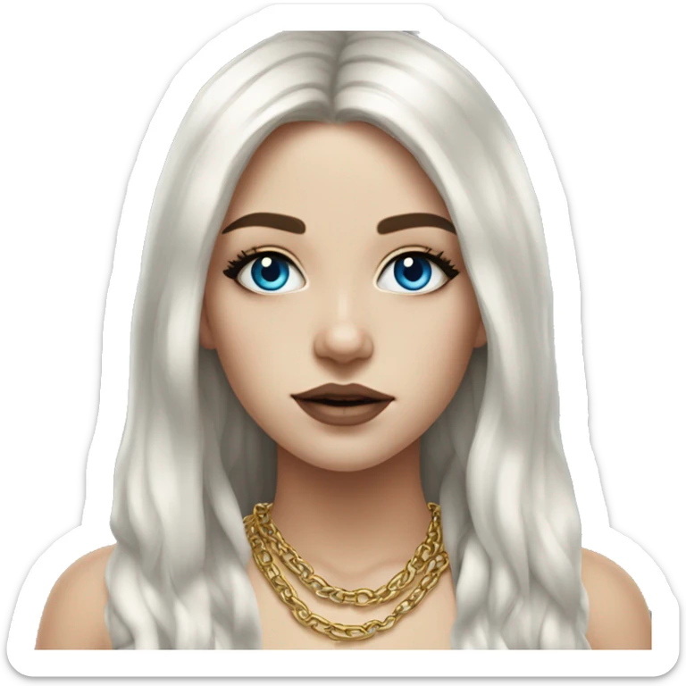 Hyperrealistic white girl with blue eyes and long black hair with rainbow fringe. Wearing gold chain necklace has dark eye makeup on her eyes sticker