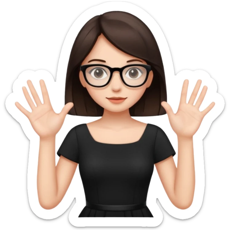 a cute brunette girl in a black dress wearing glasses  with two hands  sticker
