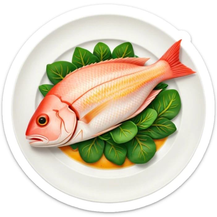 Cinematic fresh snapper fillet, pan-seared to golden perfection, soft and flaky texture, resting on a bed of sautéed greens, warm glowing background, refined and elegant. sticker