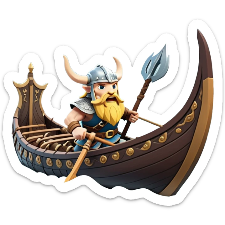 clash-of-clans-aesthetic_-cinematic-viking-longboat, rendered in a flat, bold vector style with minimal shading, featuring a striking dragon-headed prow slicing through icy, churning waters. shields on the side and vikings rowing The longboat’s intricately detailed shields and carved motifs evoke a sense of epic adventure and Nordic might, with billowing sails catching a dramatic, stormy sky backdrop. sticker