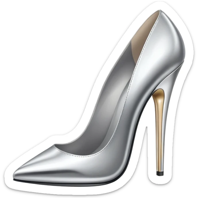 A pair of high heel shoes emoji made of polished silver chrome, elegant sharp silhouette, smooth metallic surface, glossy reflections, luxury sexy vibe, minimalistic iOS emoji style, centered, clean white background sticker