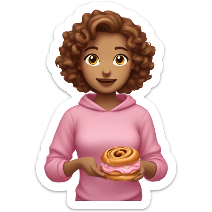 A girl with fair skin, a brunette with curly hair and brown eyes. Eating sinabon in a pink sweatshirt.  sticker