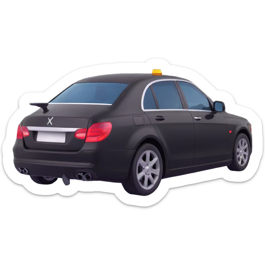 black luxury car with a visible dent, hammer and rod forming an X on the rear right corner, reflection lamp above rear illuminating damaged area, elegant and modern sticker