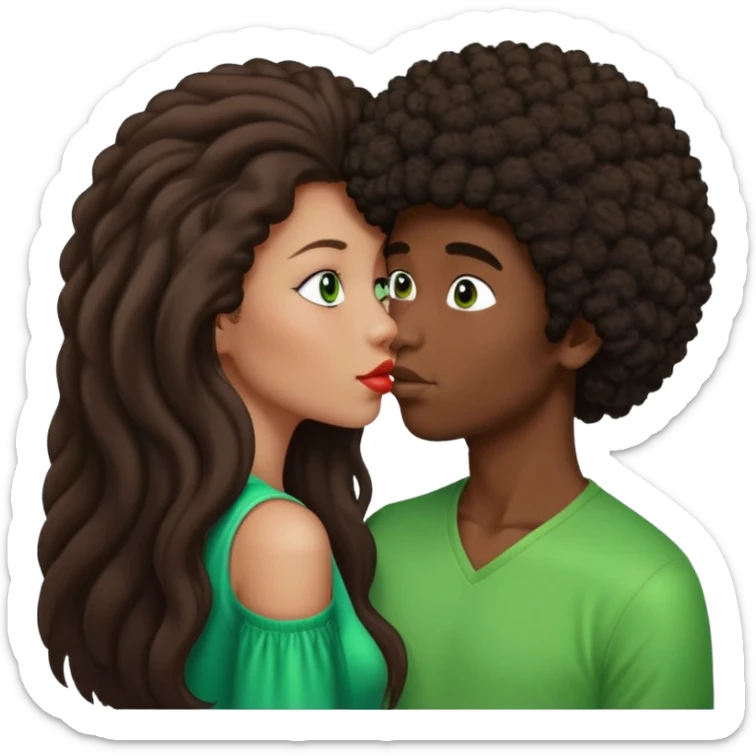 girl with long brown straight hair and green eyes kissing dark boy with afro and big nose sticker