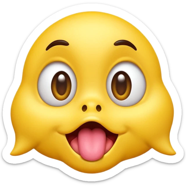 Goofy yellow emoji face with big eyes looking in different directions, tongue out licking lips, silly playful expression, 3D shiny emoji style. sticker