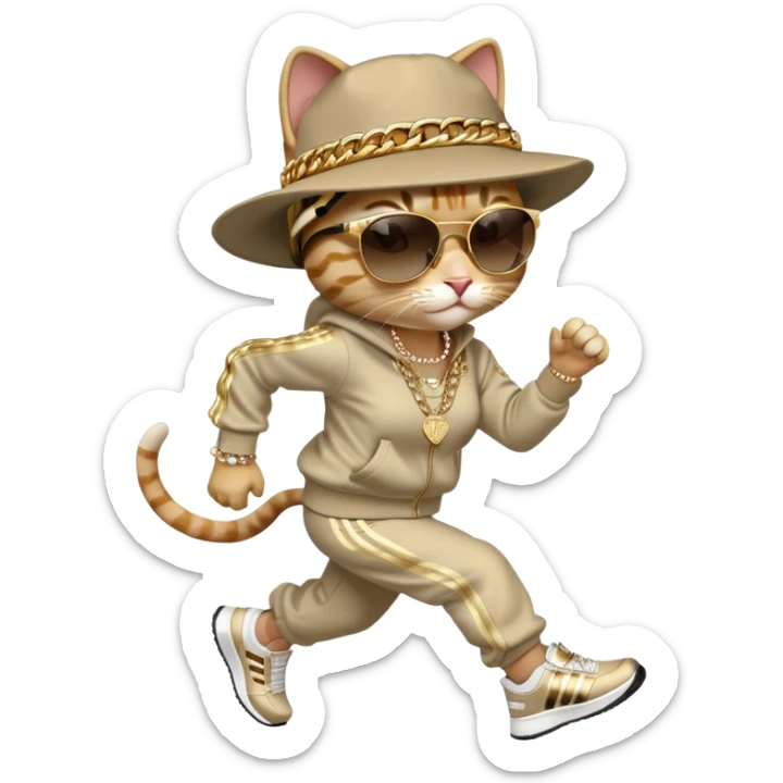 female cat running wearing Run DMC hip-hop outfit, tracksuit, fedora, Adidas shoes, dark sunglasses, lots of gold chains, bling accessories sticker