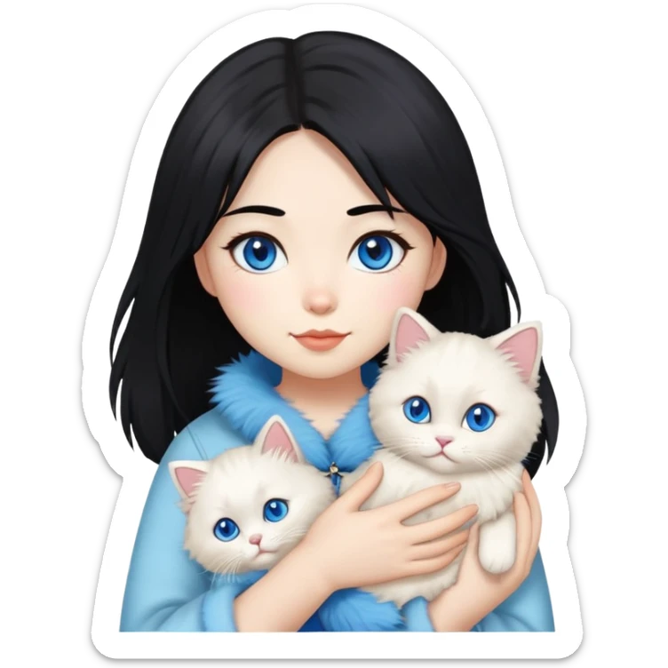 Asian girl with black hair holding a fluffy ragdoll cat with blue eyes and colorpoint fur sticker