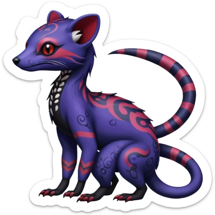 Rare warm-colored exotic gloomy tropical edgy cute epic aesthetic spooky indigo violet white black red gothic colorful Salandit-Noibat-Civet-species-Fakemon-hybrid-creature, with tribal tattoo markings, full body sticker