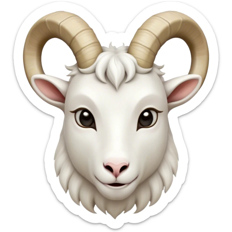 Cinematic Noble White Goat Portrait Emoji, Poised and regal, with a sturdy, agile build and a pristine, smooth white fur accented by gracefully curved horns, deep-set soulful dark eyes, Simplified yet sharp and sophisticated features, highly detailed, glowing with a soft, dignified glow, high shine, intelligent and spirited, stylized with an air of pastoral elegance, focused and attentive, soft glowing outline, capturing the essence of a watchful and confident goat, so majestic it feels as though it could leap out of the screen with effortless authority! sticker