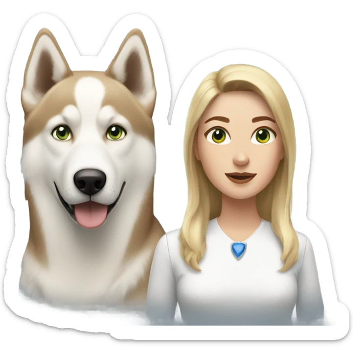 White Woman hair brown and bleus eyes and golden Husky With green eyes sticker
