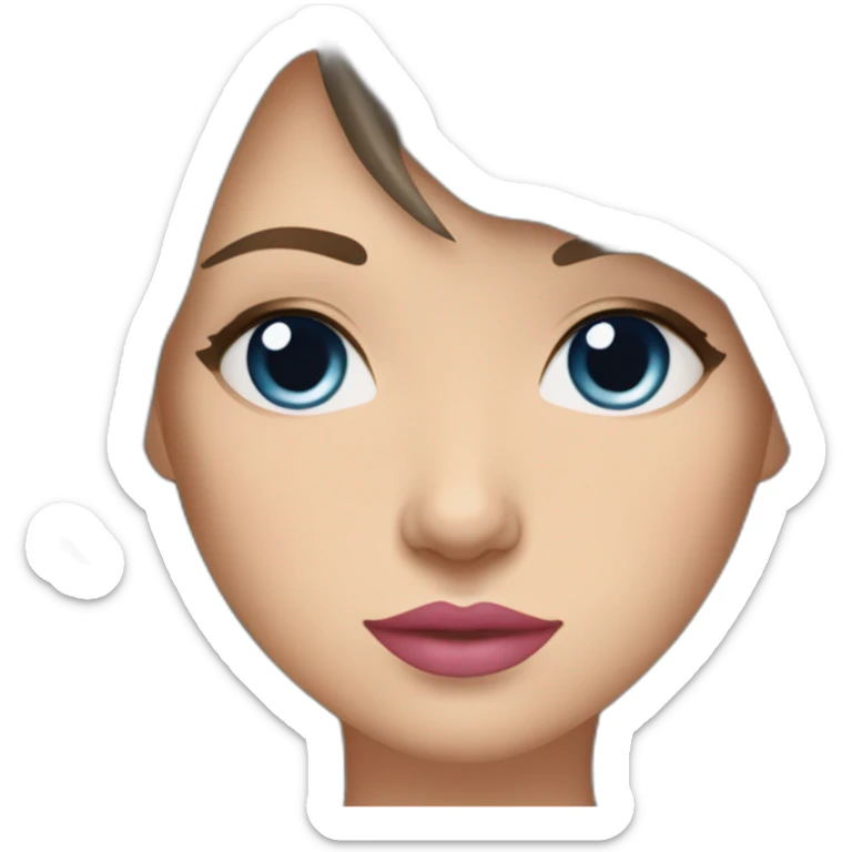 White women with long dark hair with curtain bangs and long eyelashes dark blue eyes and pink cheeks with pink lips and thick dark eyebrows wearing a black hoody sticker