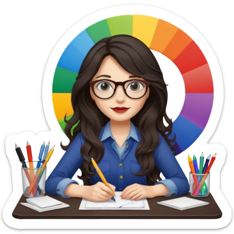 female dark wavy long hair graphic designer , color wheel, pens, papers , desktop sticker
