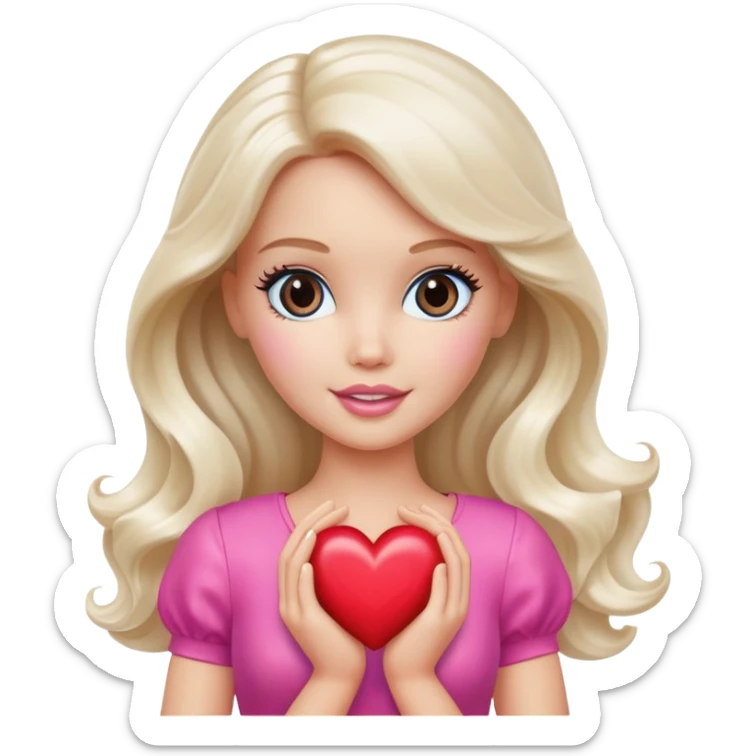 White Barbie girl with long wavy dark brown hair holding heart  sticker