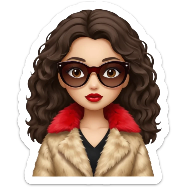 generate a pretty fair bratz girl with dark brown eyes, dark brown wavy hair, beige fur coat, black sunglasses, red lipstick. RICH sticker