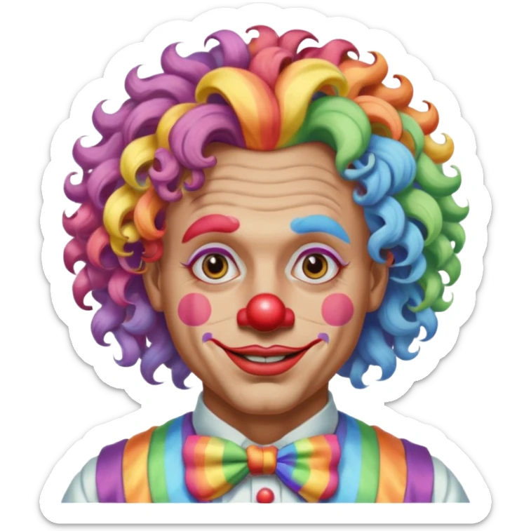 Middle-age man with Curly rainbow hair of clown — soft pastel curls tied high sticker