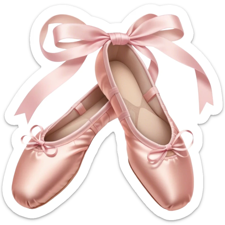Cinematic Realistic Ballet Shoes, soft satin pink pointe shoes with delicate ribbons, resting gently on a polished wooden floor, subtle creases in the fabric, glowing under the warm golden light of a rehearsal studio, evoking elegance and grace. sticker