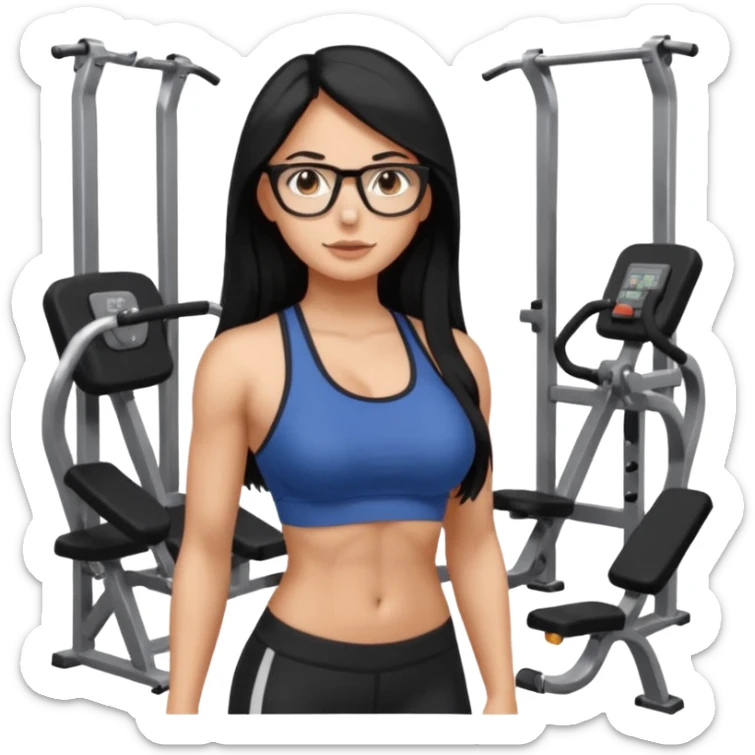 girl with long black hair, brown eyes, medium size breasts, wearing glasses and working out in the gym sticker