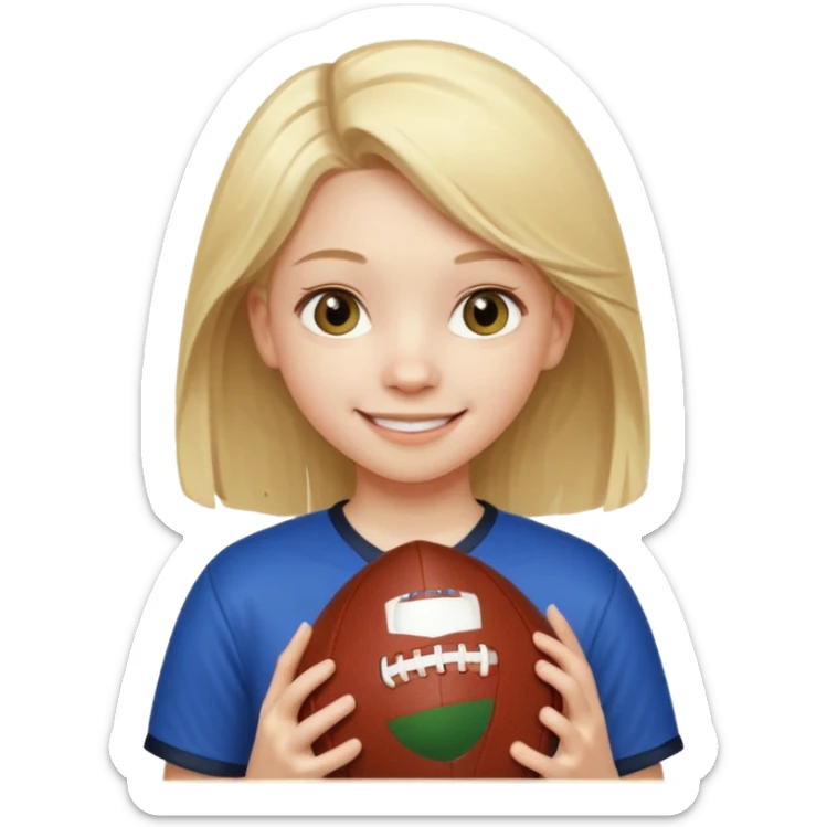 A girl with light blonde hair that looks around 13 years old with a football sticker